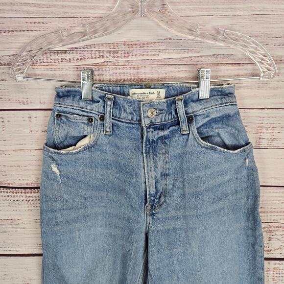 Abercrombie & Fitch 90's Straight High Rise Jeans Sz 24 Busted Knee Grunge Denim - Picture 3 of 15